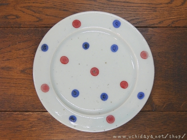 砥部焼　中田窯　5寸リム皿　釉裏紅水玉 